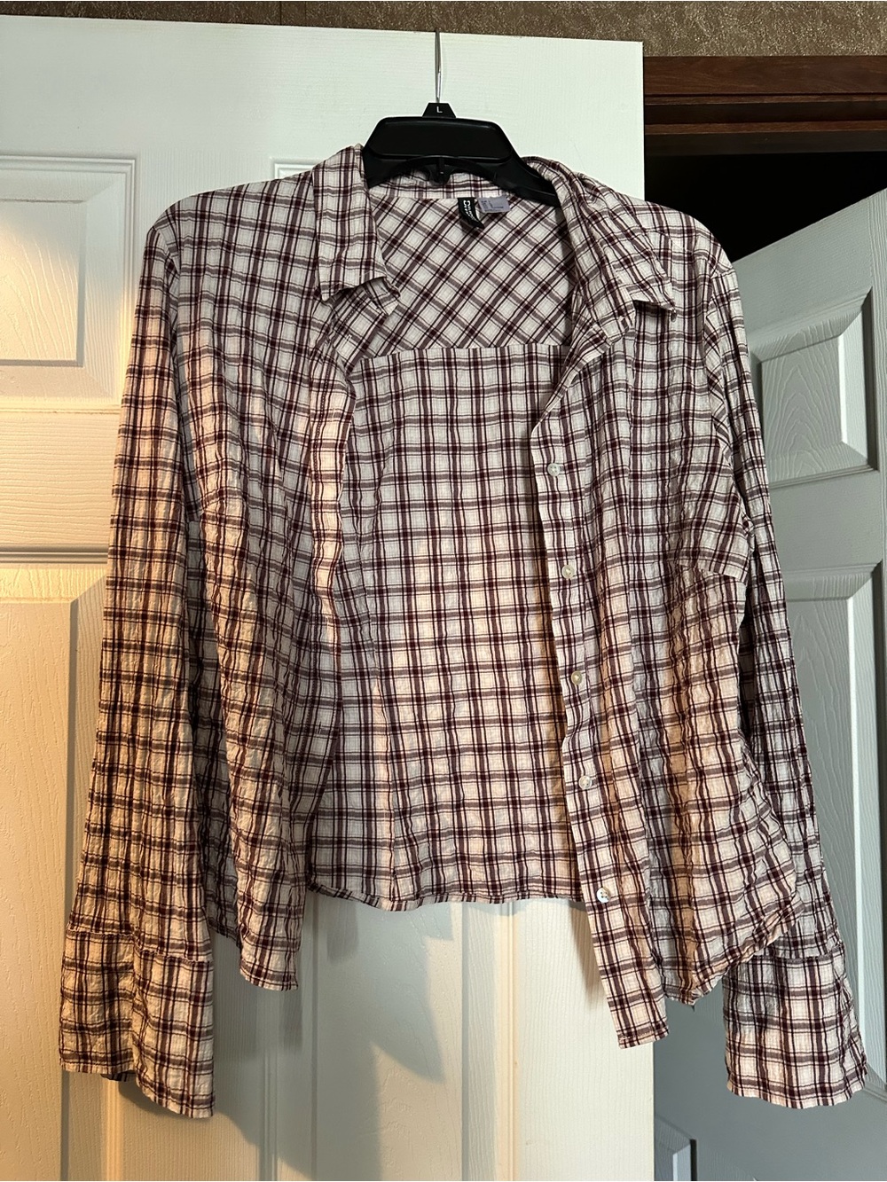 Divided Plaid Button-Down Shirt - White & Burgundy